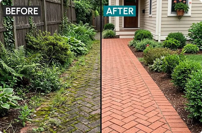 Brick garden path before and after cleaning with Power Blast Plus, moss and dirt removed, brand photo