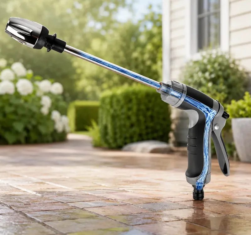 Power Blast Plus high pressure hose nozzle wand with metal shaft and trigger grip on a wet brick patio