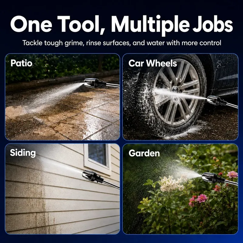 Power Blast Plus cleaning a patio, car wheel, vinyl siding and spraying garden plants, brand photo